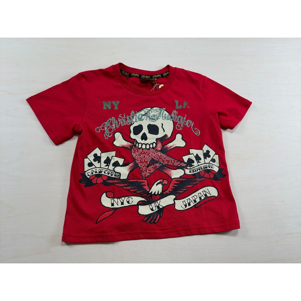 Christian Audigier Skull Graphic Tee Red Rhinestone Y2K Women's Size M